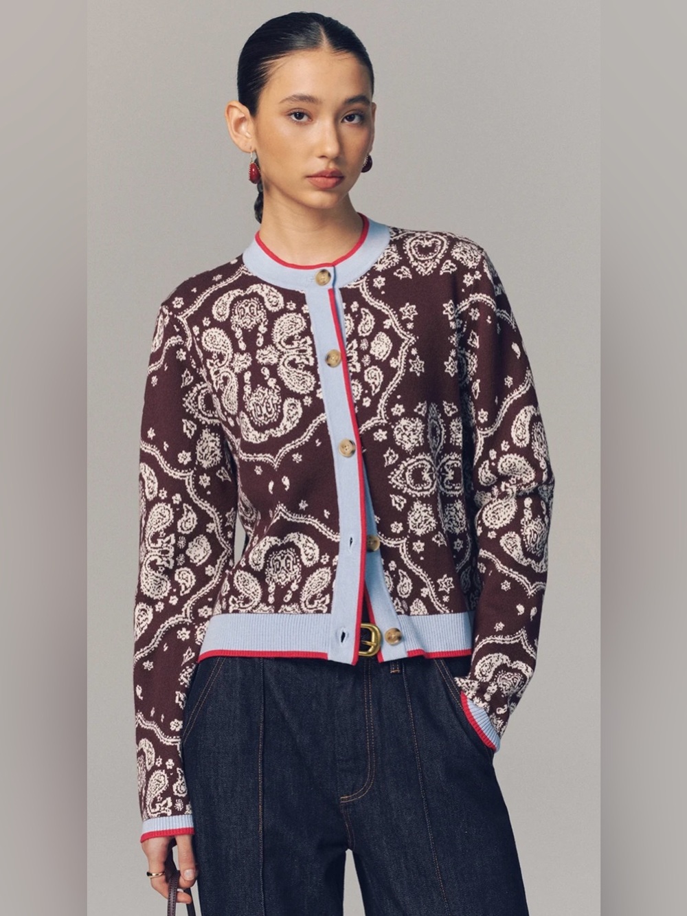 Commense Contrast Trim Paisley Knit Cardigan Sweater Gorgeous!! NWT Medium
